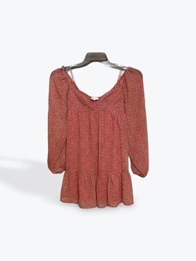 Stay to moon Rust Red‎ Floral Babydoll Long Sleeve Top